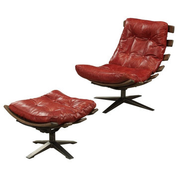 ACME Gandy 2-Piece Chair and Ottoman Set, Antique Red Top Grain Leather
