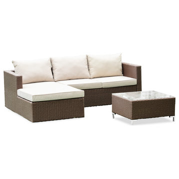 3Pc Brown Wicker Outdoor-Furniture Sectional Sofa Set, Patio Table, Cushion