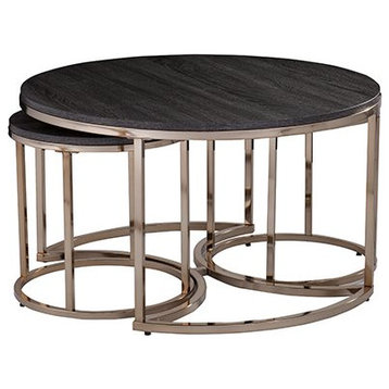 3 Pieces Coffee Table Set, Round Table & Nesting End Tables, Champagne/Espresso