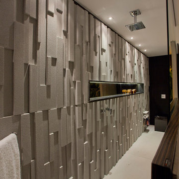 Modern bedroom with cement wall panels