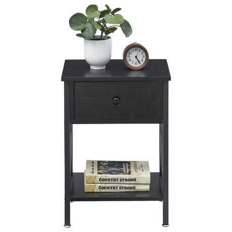 Modern Nightstand with Drawer & Storage Shelf, Black