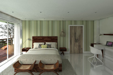 Design ideas for an expansive contemporary master bedroom in London with white walls.