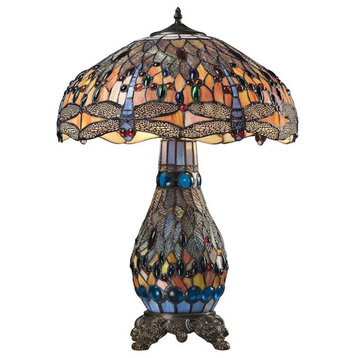 2 Light Craftsman Tiffany Dragonfly Table Lamp Blue and Orange Urn Style Base
