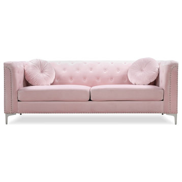 Pompano 83 in. Tufted Velvet Loveseat With 2-Throw Pillow, Pink