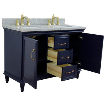 49" Double Vanity, Blue Finish With Gray Granite And Oval Sink