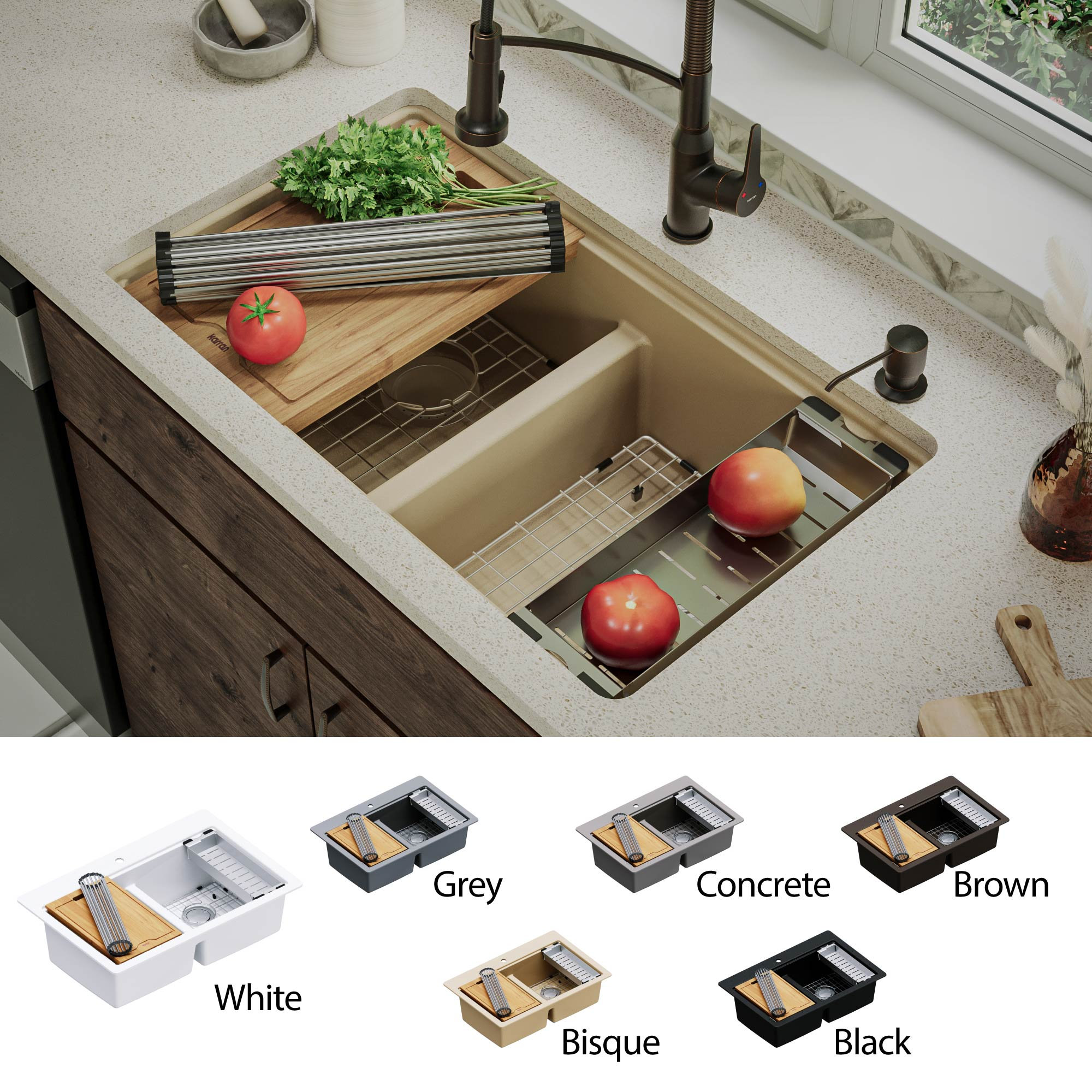 Karran Undermount 32.5 in. Double 50/50 Bowl Workstation Kitchen Sink, Bisque
