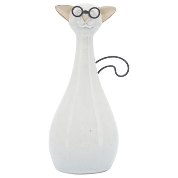Ceramic 7"H Chubby Cat With Glasses, Beige