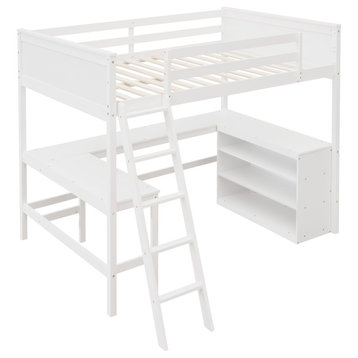 Gewnee Full size Wood  Loft Bed with Shelves and Desk in White