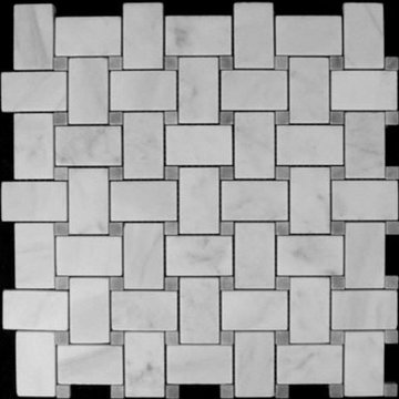 Carrara Marble White Basketweave Mosaic Tile with Bardiglio Gray Dots Polished