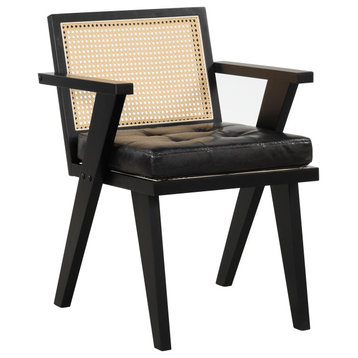 TATEUS Mid-Century Accent Chair With Handcrafted Rattan Backrest, Black