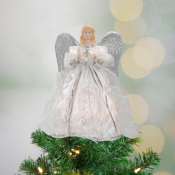 12" Lighted White and Silver Angel With Wings Christmas Tree Topper