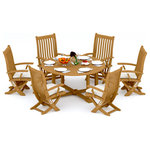 Teak Deals - 7-Piece Outdoor Teak Dining Set, 60" Round Table, 6 Warwick Arm Chairs - Our Teak Dining Set is a uniquely modern interplay of very durable teak wood featuring our beautiful Teak Chairs. Our teak wood is certified to withstand the rigors of adverse climates however because of Teak's well known micro-smooth finish and quality craftsmanship many use our furniture indoors as well. Rich in oil finely grained and precisely fashioned with mortise-and-tenon joinery.