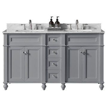 60" Double Bathroom Vanity, Taupe Gray with Carrara White Marble Top