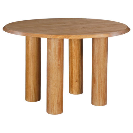 Dining Table 48" Round Top With 4 Thick Pillar Legs Natural Brown Mango Wood