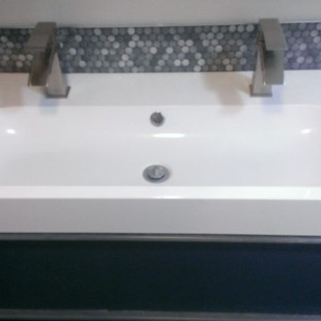 MASTER BATHROOM - Large Wave Tile Shower / Penny Tile Wainscot / Ikea Cabinets