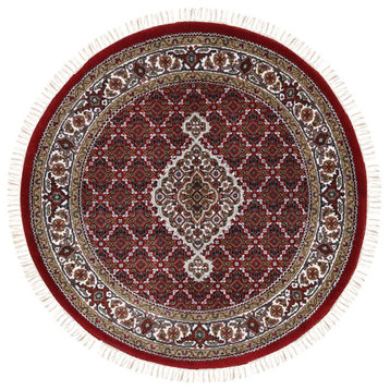 Wool And Silk Hand Knotted Tabriz Mahi Fish Medallion Design Red Rug, 4'0"x4'0"