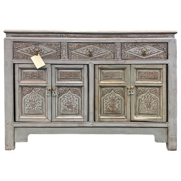 Chinese Distressed Gray Floral Motif Sideboard Console Table Cabinet Hcs5768