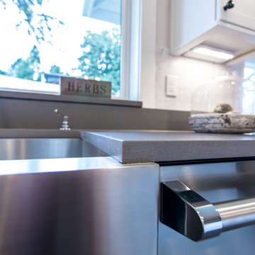 Concrete honed Stonewood Quartz edge with farm sink, quartz window sill and slab