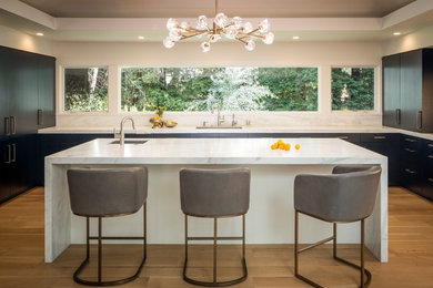 Trendy u-shaped light wood floor kitchen photo in San Francisco with an undermount sink, flat-panel cabinets, black cabinets, paneled appliances, an island and white countertops