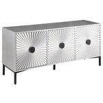 Meridian Furniture - Glitz Antique Silver, Matte Black Sideboard/Buffet - Set up a makeshift dessert bar atop this Glitz sideboard buffet. This handsome piece is just what your dining room needs to inject a bit of drama into the mix and liven things up a bit. This piece features wood construction for lasting durability and beauty and an antique silver finish with a matte black base for a contemporary touch. The starburst pattern adds a burst of wow to the design and ensures the buffet, and storage inside helps you organize all your dinnerware and serving pieces.