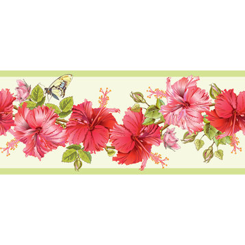 GB20031g8 Hibiscus and Butterfly Peel and Stick Wallpaper Border 8in x 15ft