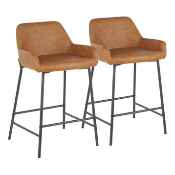 Daniella Industrial Counter Stool in Black Metal, Camel Faux Leather, Set of 2