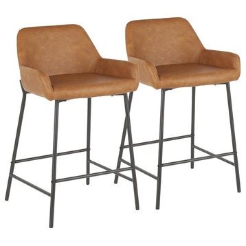 Daniella Industrial Counter Stool in Black Metal, Camel Faux Leather, Set of 2