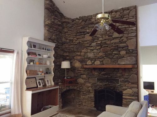 whitewash stone fireplace before and after