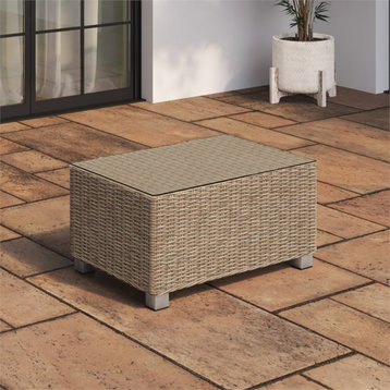 TK Classics Outdoor Patio Rectangle Coffee Table with Glass-Top in Almond Wicker