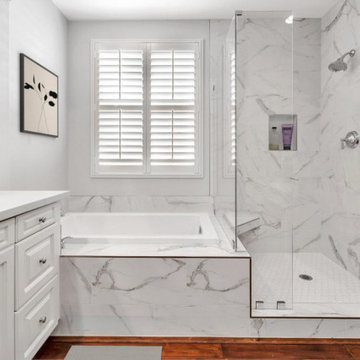 Irvine Bathroom Remodel with Calacatta Shower & Luxurious Tub Platform
