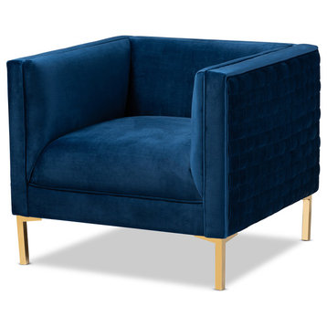 Luke Glam and Luxe Navy Blue Velvet Fabric Upholstered Gold Armchair