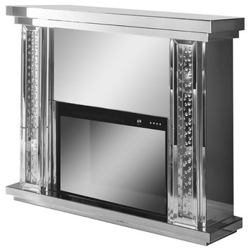 Mirrored Electric Fireplace With Faux Crystal Inlay & Remote Controller, Silver