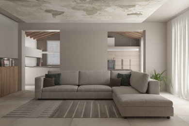 Esempio di un grande soggiorno scandinavo aperto con pareti beige, pavimento in gres porcellanato, TV a parete e pavimento grigio