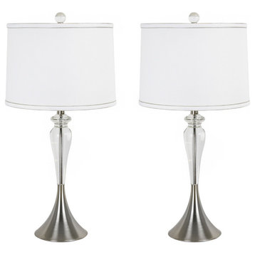 28.25" Crystal Table Lamps, Brushed Nickel/White Linen Shades, Set of 2