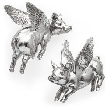 Hogbadi I White Resin Flying Pigs, Set Of 2, Silver