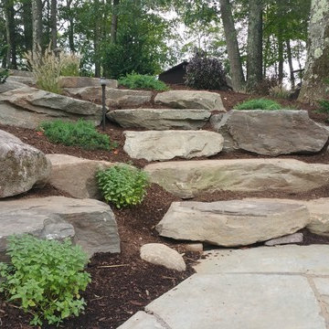 Rural Landscape Design - Fieldstone Wall, Flagstone Path, Boulder Steps
