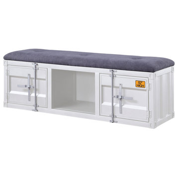 Benzara Metal Bench with Open Storage and Tufted Fabric Seat, White and Gray