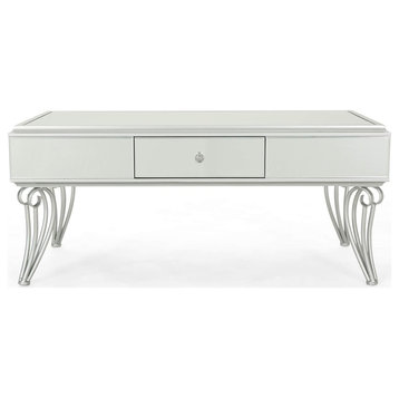 Elegant Coffee Table, Curved Legs With Rectangular Top & Storage Drawer, Silver