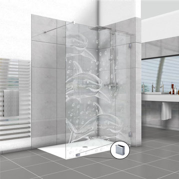 Frameless Fixed Shower Glass Panel with Frosted Shark Design, Non-Private, 27-1/2" X 75", Right Opening, Include Support Bar