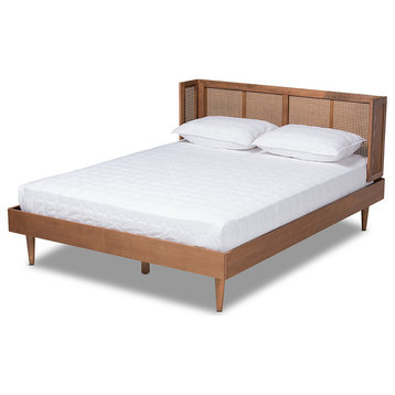 Rina Ash Wanut Wood & Rattan Queen Size Platform Bed with Wrap-Around Headboard