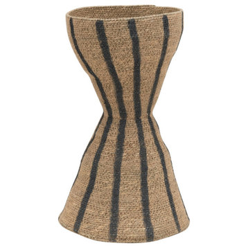 Hand-Woven Seagrass Hour Glass Shape Vase With Stripes, Natural/Black