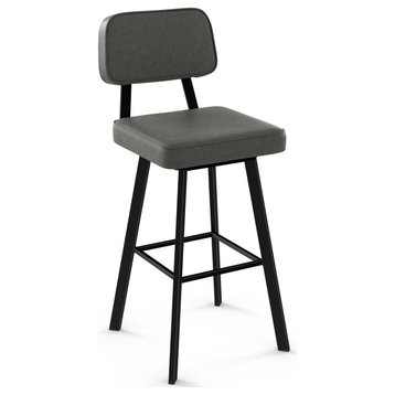 Amisco Clarkson Swivel Counter and Bar Stool, Grey Faux Leather / Black Metal, Bar Height
