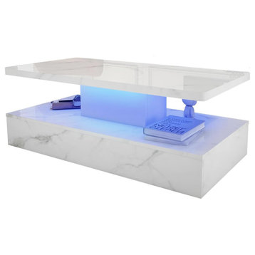 Modern Coffee Table, Marbleized Surface With LED Lights & Remote Control, White
