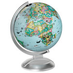 Replogle - Globe 4 Kids, Illuminated Dekstop World Globe - New updated 10" diameter illuminated globe is made with a simplified physical cartography. The earth map features more than 100 different drawings of animals, produce, monuments and special features of individual countries and regions. The deep blue molded plastic base and semi-meridian packaged in decorative display carton complete this special globe.