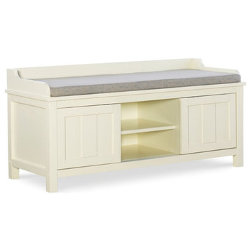 Linon Lakeville Entryway Storage Bench Padded Seat Sliding Doors in White