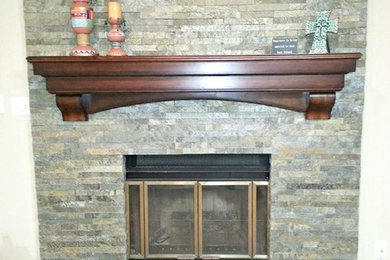 Living room - mid-sized traditional formal and open concept carpeted and beige floor living room idea in Austin with white walls, a standard fireplace, a stone fireplace and no tv