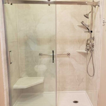 Silver White Marble shower w/ Roman Block Simulated Tile