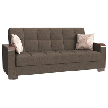 Modern Sleeper Sofa, Wood Accented Arms, Brown Polyester