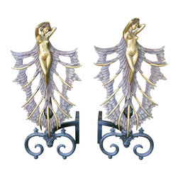French Art Deco Style Nude Figural Female Andirons Firedogs - Fireplace Grates And Andirons
