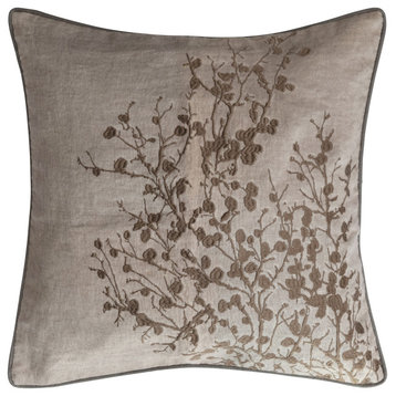 Linen and Cotton Pillow Cover with Embroidery Piping, Grey and Brown